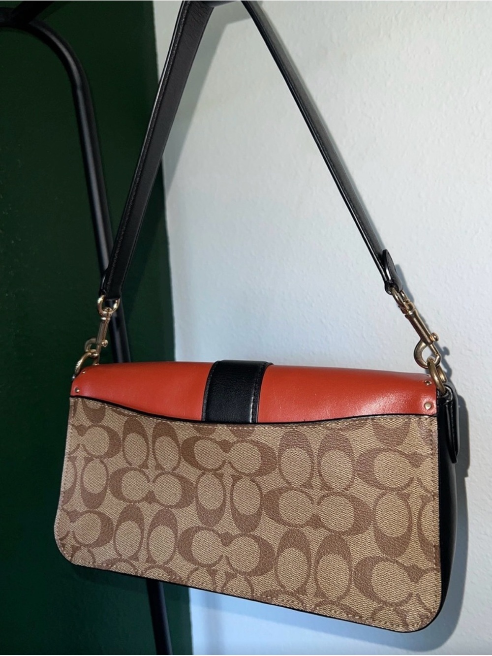 Coach Shoulder Bag Brown Tan Black Red with Signature Canvas - Picture 9 of 10